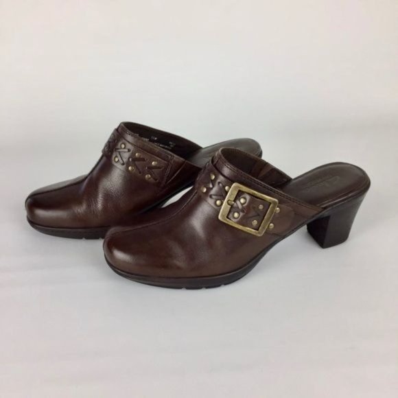 Clarks Womens Mirabelle Brown Leather Heeled Mules Comfort Shoes size 7.5W Wide - Picture 3 of 16